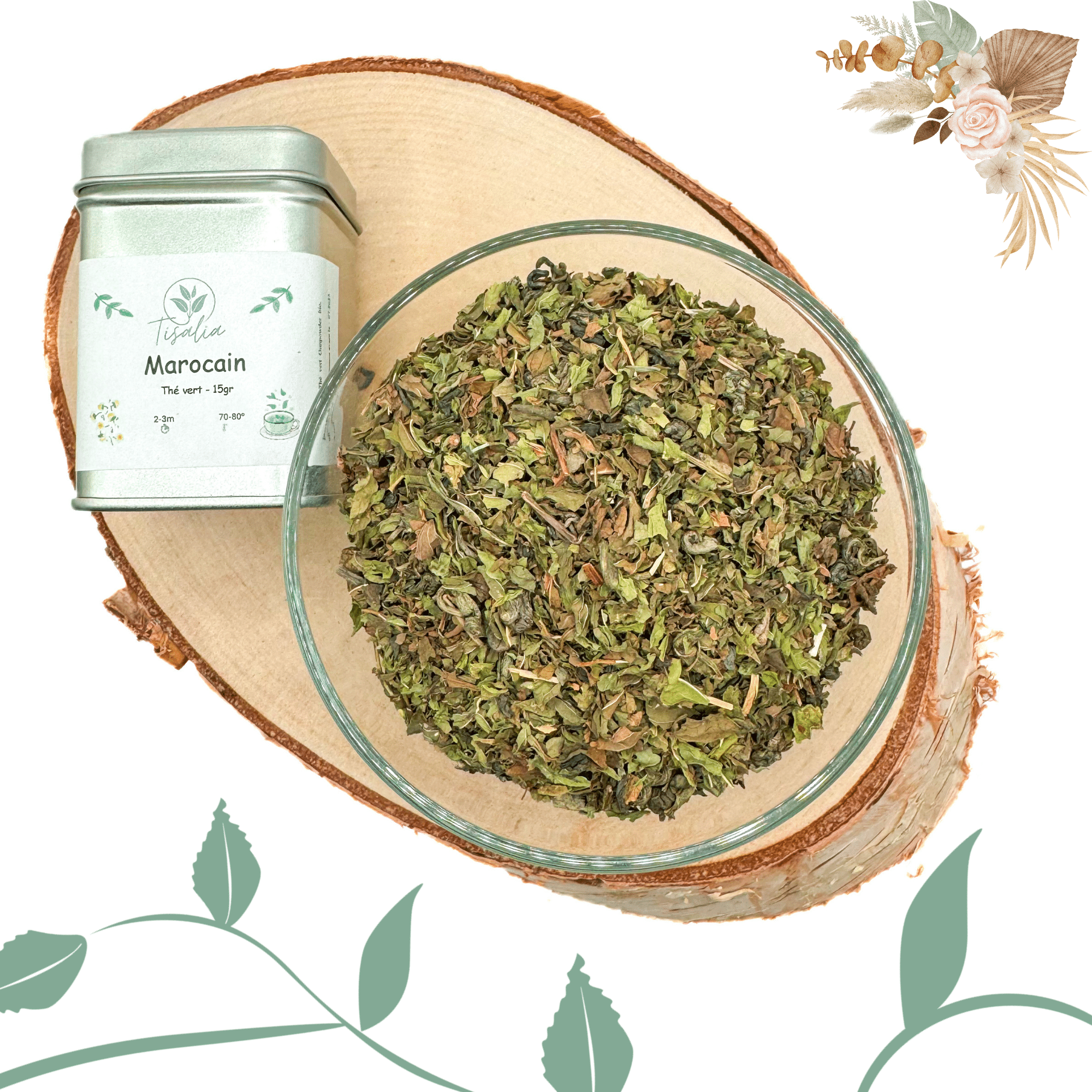 infusion verte et rafraîchissante, thé vert traditionnel, mélange de thé vert et menthe, potion vivifiante, thé bio aux saveurs marocaines, préparation pour thé vert, boisson fraîche et énergisante, thé vert au goût authentique.