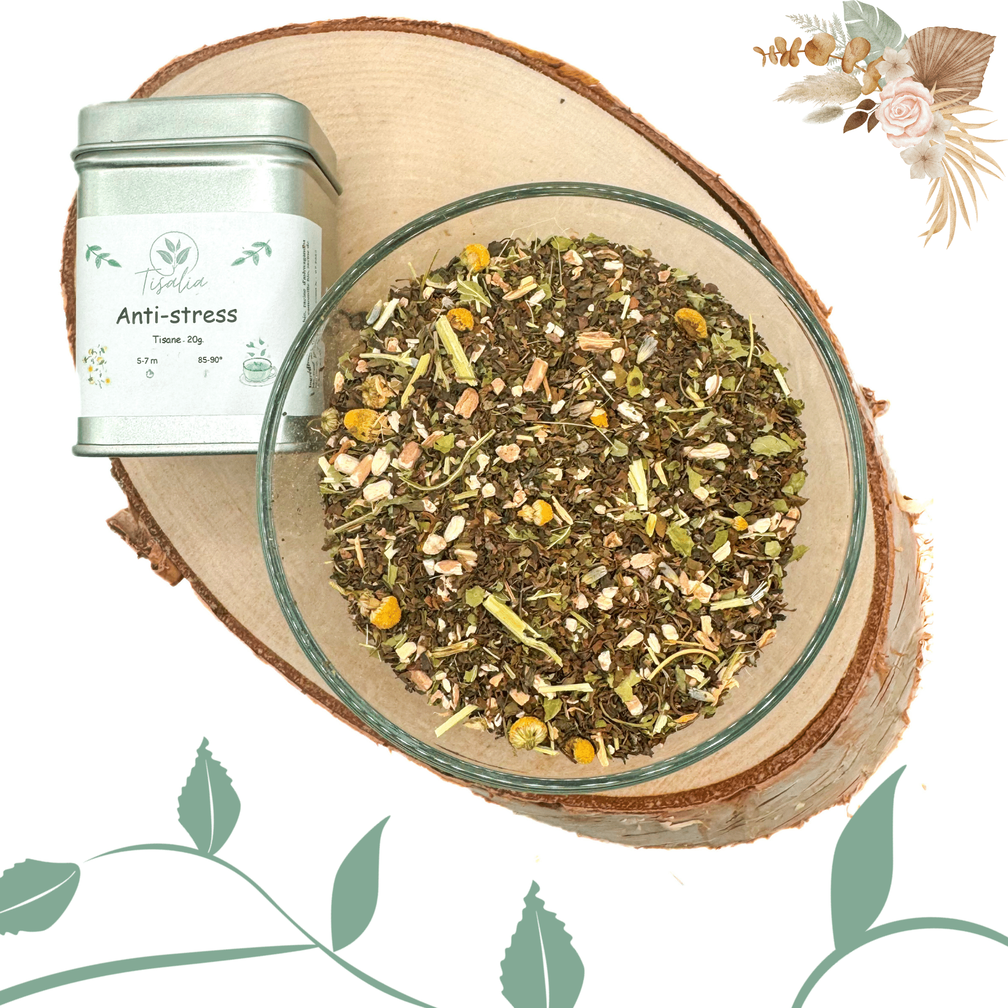 infusion relaxante bio, tisane pour calmer le stress, mélange apaisant naturel, potion de détente, infusion de camomille et valériane, thé bio contre le stress, préparation pour tisane calmante, boisson relaxante et équilibrante.