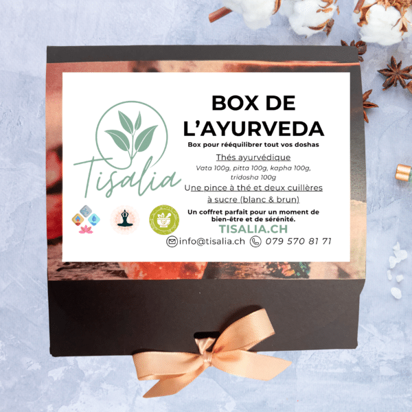 coffret ayurvédique, box de thés ayurvédiques, coffret bien-être ayurvédique, box de thés équilibrants, coffret de thés doshas, box infusion ayurvédique, coffret thés & bien-être, box découverte Ayurveda