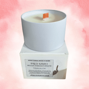 bougie palo santo, bougie purifiante, bougie bois sacré, bougie parfumée artisanale, bougie mèche bois, cire coco/soja, ambiance méditative, bougie spirituelle, encens végétal, parfum naturel, bougie relaxante, rituel énergétique, bougie naturelle suisse