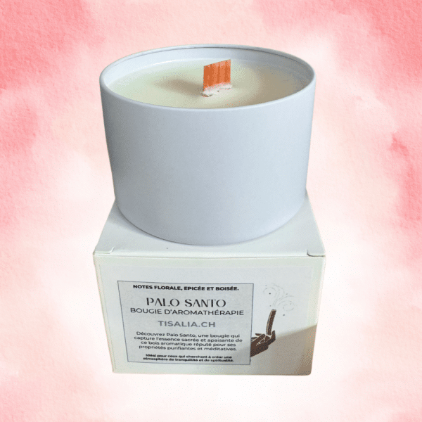 bougie palo santo, bougie purifiante, bougie bois sacré, bougie parfumée artisanale, bougie mèche bois, cire coco/soja, ambiance méditative, bougie spirituelle, encens végétal, parfum naturel, bougie relaxante, rituel énergétique, bougie naturelle suisse