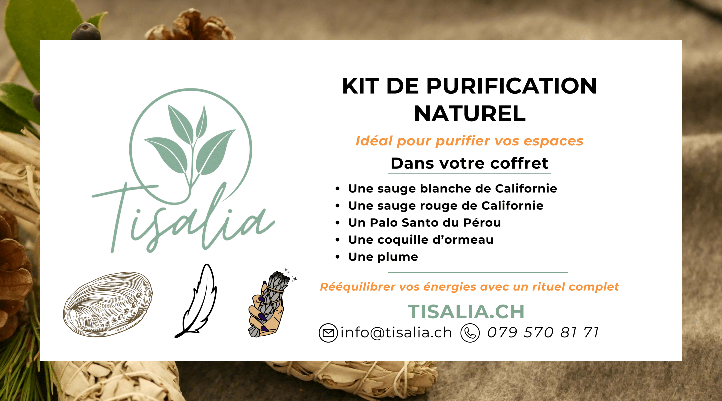 kit de purification, sauge blanche, sauge sang du dragon, palo santo, plume de fumigation, coquille d’ormeau, rituel énergétique, purification maison, ambiance zen, fumigation naturelle